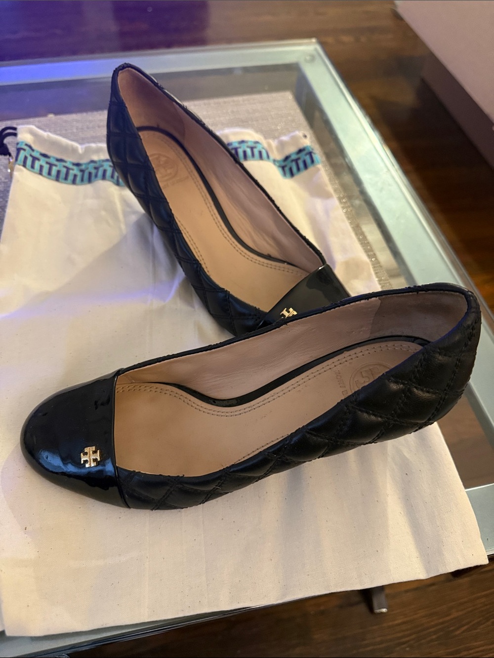 Tory Burch Black Quilted Leather Cap-Toe Ballet Flats with Gold Logo